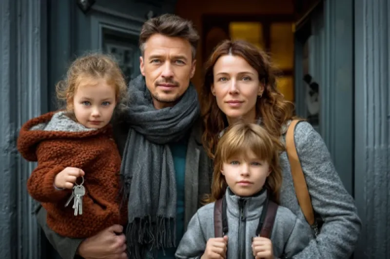 Familie mit zwei Kindern steht vor einer Haustür.