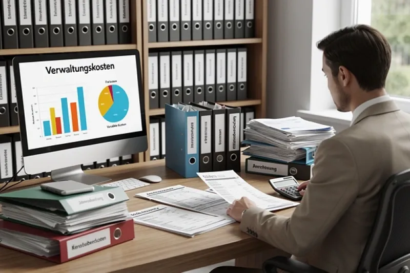 Verwalter sitzt mit einer Kostenkalkulation an seinem Schreibtisch