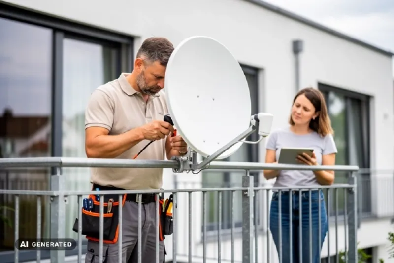 Handwerker montiert eine Parabolantenne am Balkongeländer