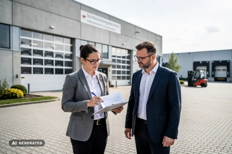 Eine Frau und ein Mann auf einem Betriebsgelände diskutieren über Unterlagen