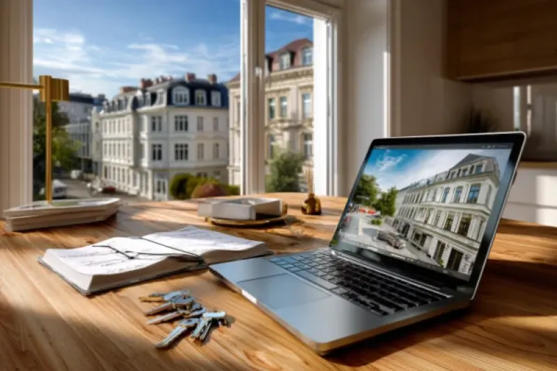 Schreibtisch in einem Maklerbüro, Laptop mit Hausexposé und Schlüssel liegen auf einem Schreibtisch