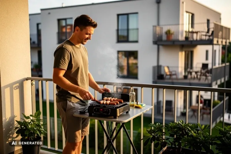 Junger Mann grillt auf einem Elektrogrill auf seinem Balkon Würstchen