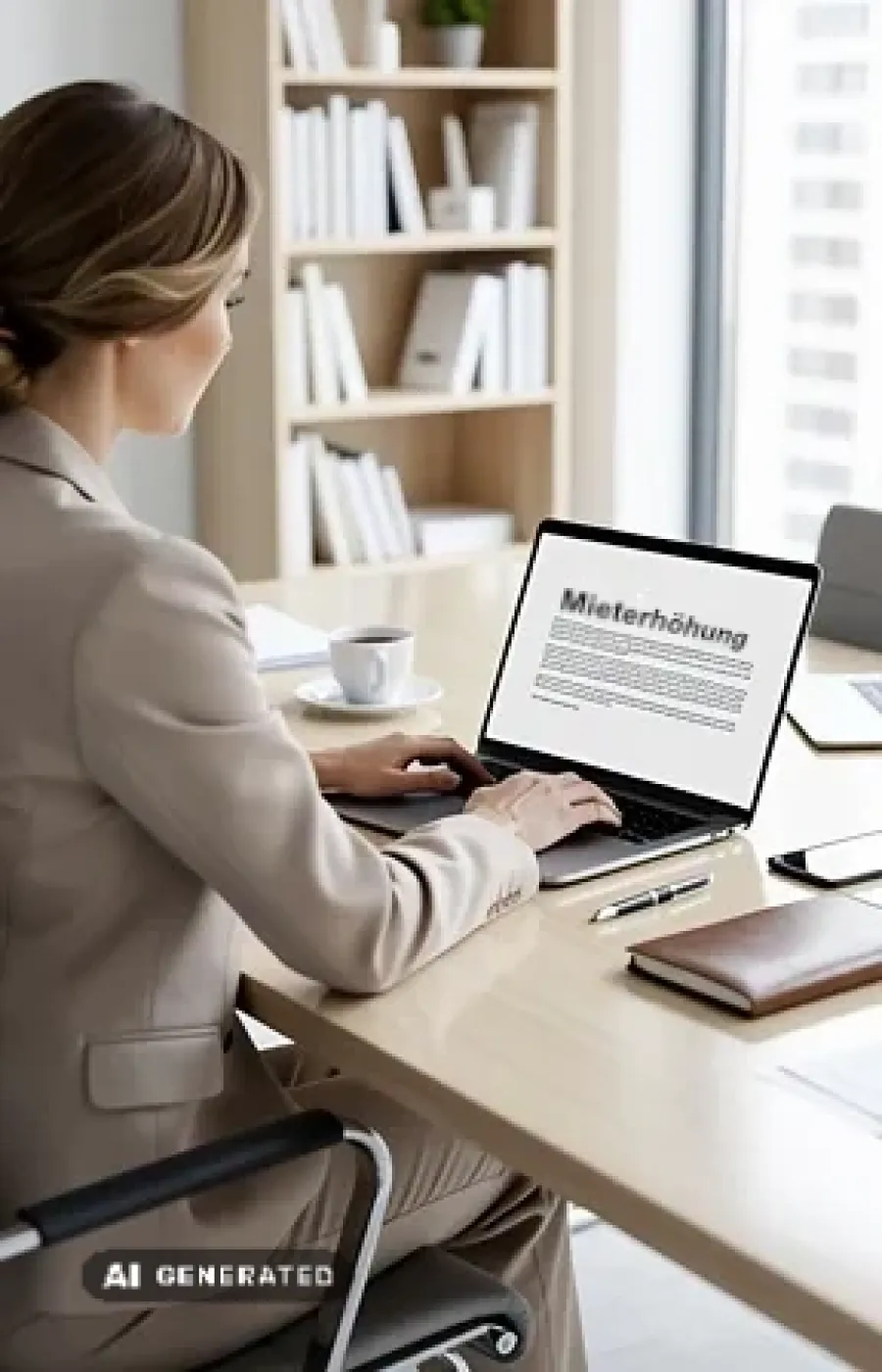 Frau schreibt an einem Schreibtisch auf einem Laptop