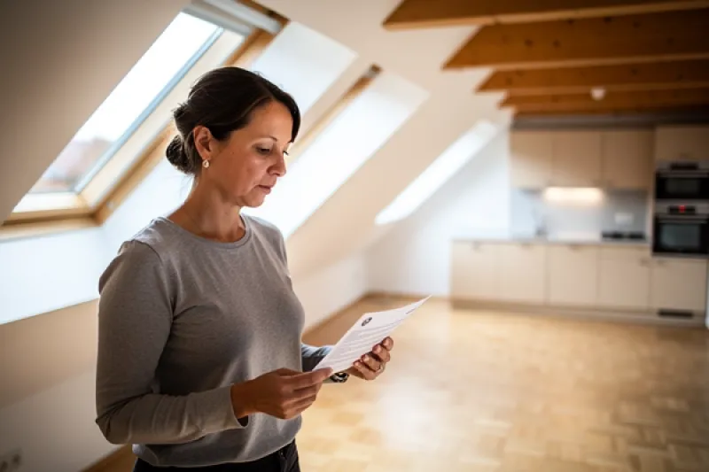 Junge Frau steht mit einem Schreiben in einer leeren Dachgeschosswohnung