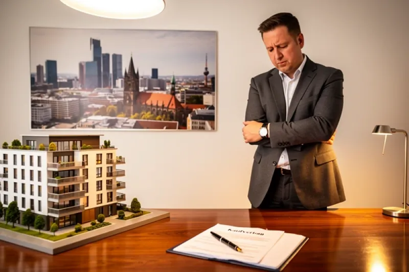 ein Immobilienmakler in Businesskleidung steht in einem deutschen Büro vor einem Kaufvertrag auf dem Schreibtisch