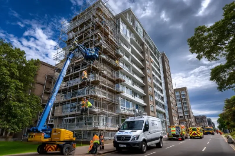 Wohngebäude ist mit einem Fassadengerüst ausgestattet. Arbeiter arbeiten auf dem Gerüst. Vor dem Haus steht ein Leiterwagen.