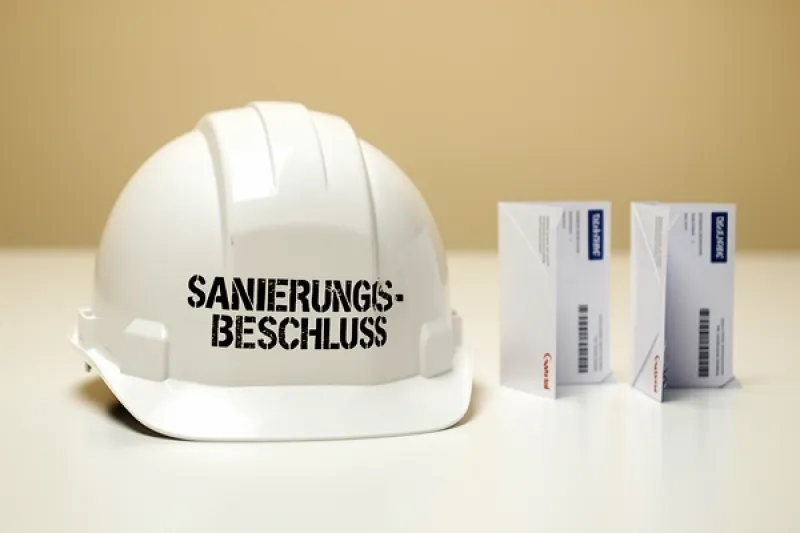 Symbolbild: weißer Bauhelm mit der Aufschrift "Sanierungsbeschluss"