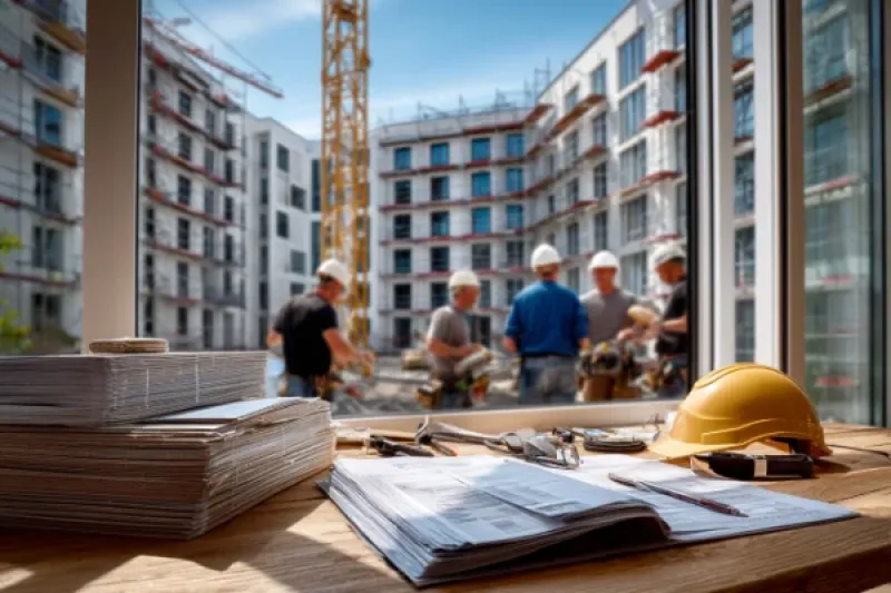 moderne Apartmentsiedlung in Bau, ein Kran und mehrere Bauarbeiter sind hinter einem Fenster zu sehend, im Vordergrund auf einem Tisch Planunterlagen und ein Bauhelm