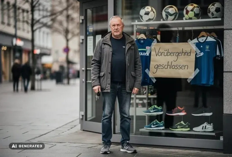 Ein Ladeninhaber mittleren Alters steht vor seinem geschlossenen Sportgeschäft in einer deutschen Fußgängerzone