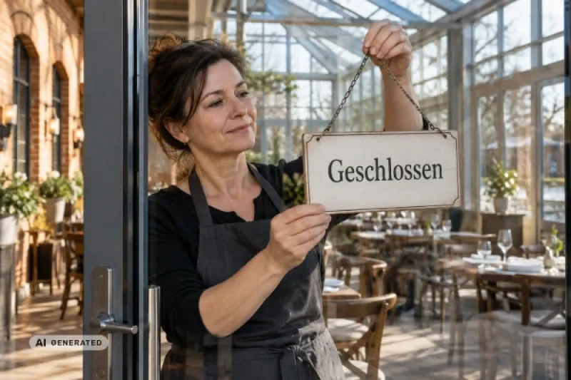 Eine Gastronomin mittleren Alters in dunkler Schürze hängt ein Schild mit der Aufschrift 'Geschlossen' an die Glastür ihres leeren Restaurants.