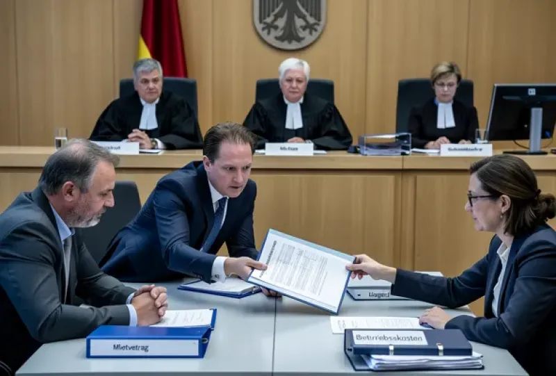 Anwälte im Gerichtsaal überreichen Unterlagen an die Gegenanwältin