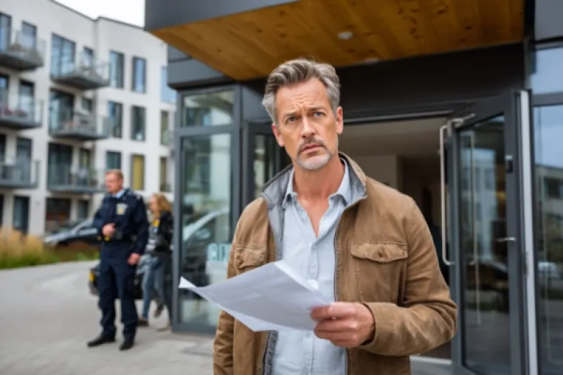 Mann steht mit Unterlagen vor einem Gebäude, das von einem Polizisten bewacht wird.