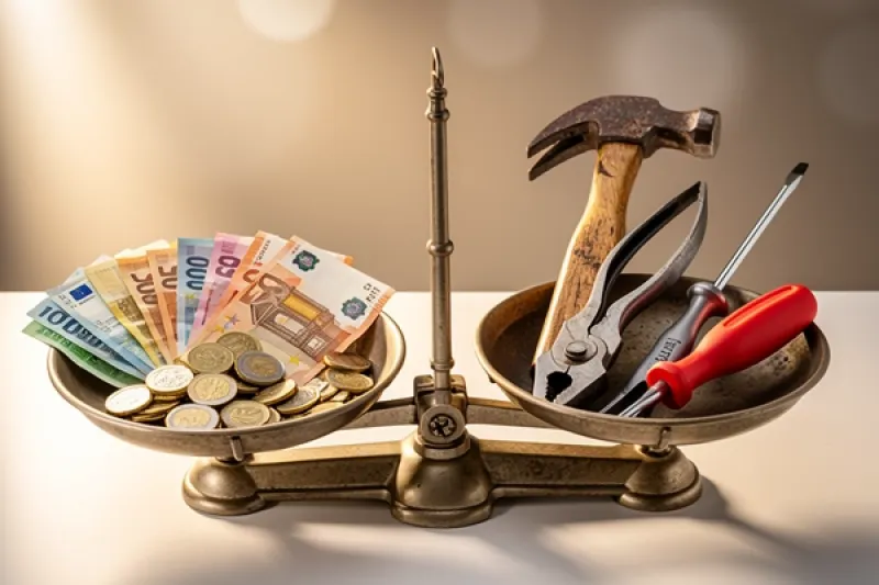 Eine Waage mit zwei Waagebalken: auf der einen Seite Euro-Scheine und Euro-Münzen auf der anderen Seite Werkzeuge