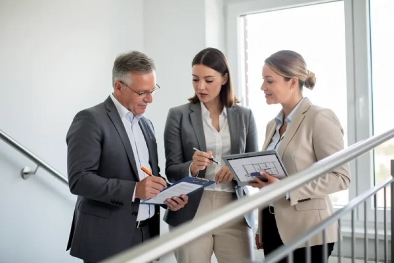 Ein Mann und zwei Frauen diskutieren in einem Treppenhaus über Unterlagen
