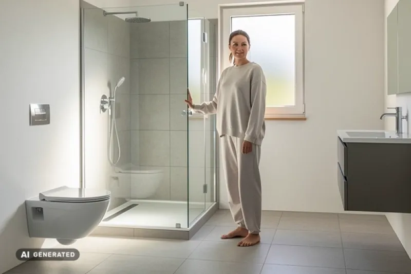 Frau steht im Badezimmer vor ihrer Dusche