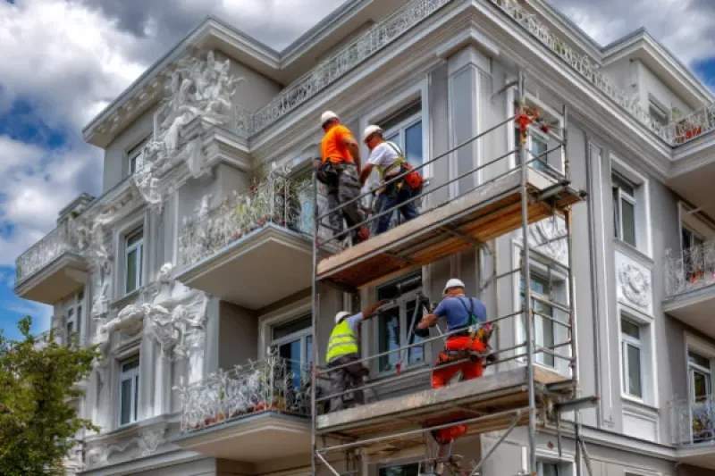 Fassade eine alten Hauses ist eingerüstet und Bauarbeiter renovieren die Fassade