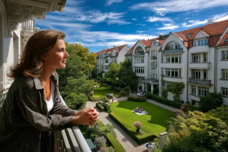 Frau schaut von ihrem Balkon auf eine gepflegte Gartenanlage