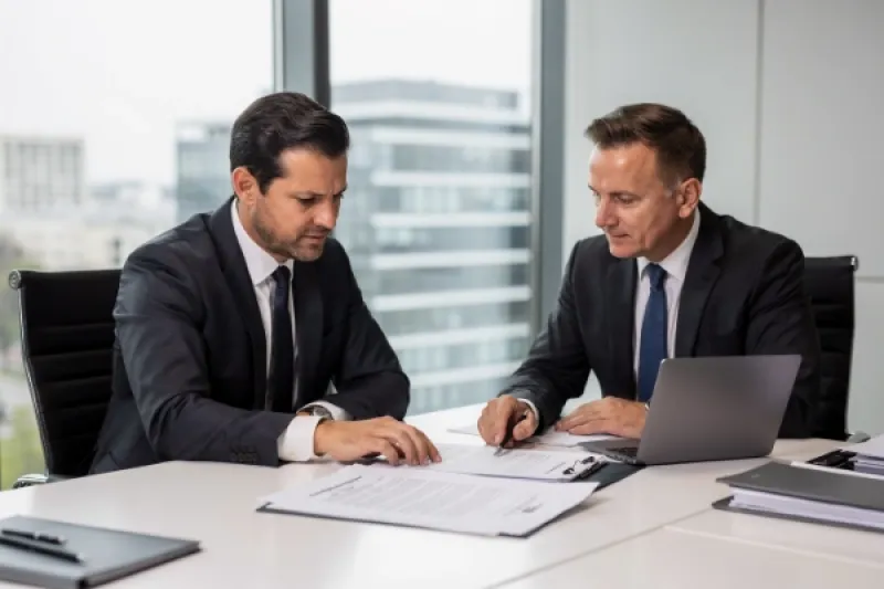 Zwei Männer sitzen an einem Schreibtisch und diskutieren über einen Vertrag