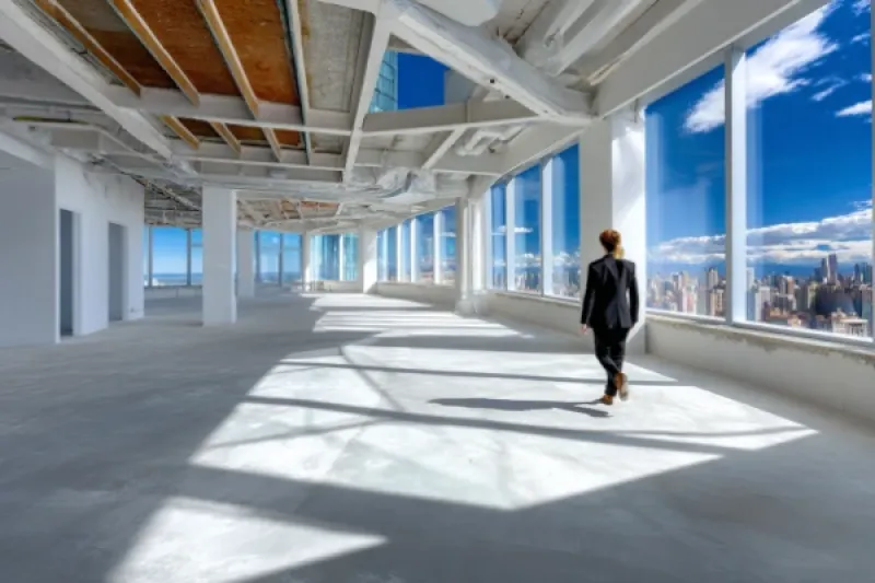 Eine Frau geht durch eine leere Büroraumetage