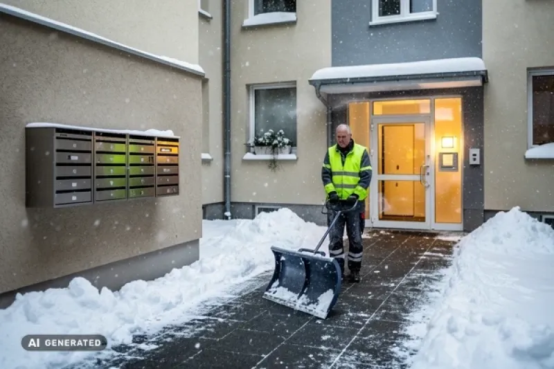 Hausmeister kehrt Schnee vor einem Mehrfamilienhaus