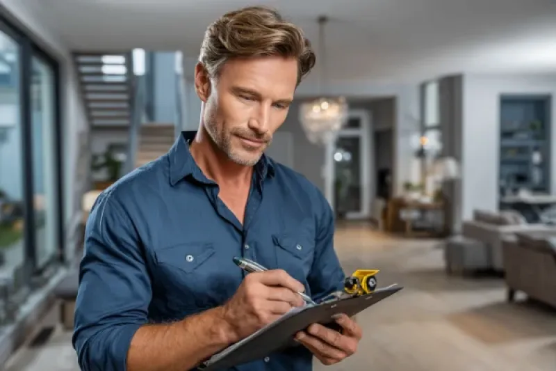 Ein Sachverständiger steht in einer Mietwohnung und macht Notizen