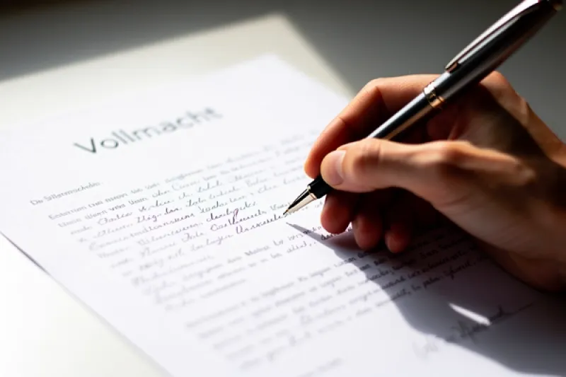 Eine Hand die eine Vollmacht schreibt