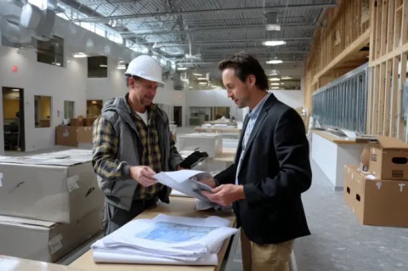 Bauarbeiter und Architekt diskutieren in einer Produktionshalle über Baupläne
