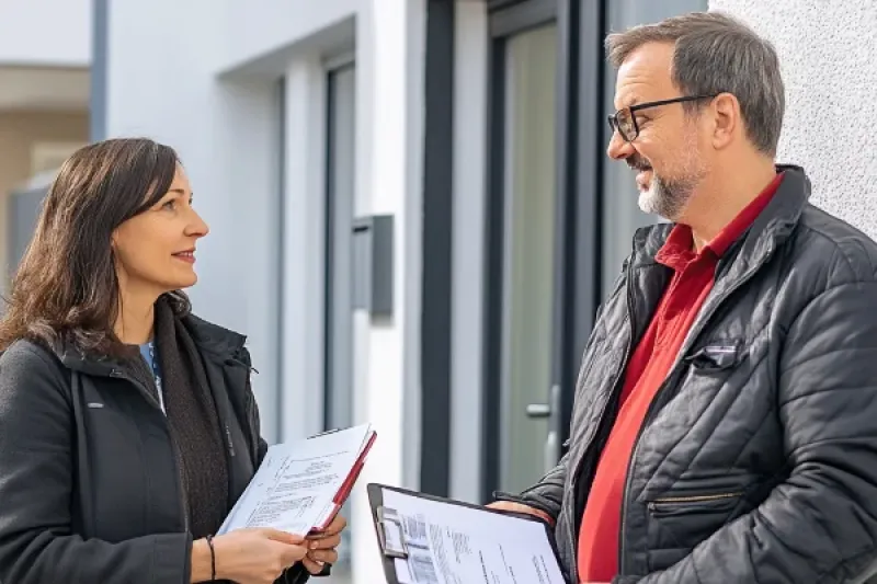 Eine Frau und ein Mann unterhalten sich vor eine Haustür. Beide haben Unterlagen in den Händen.