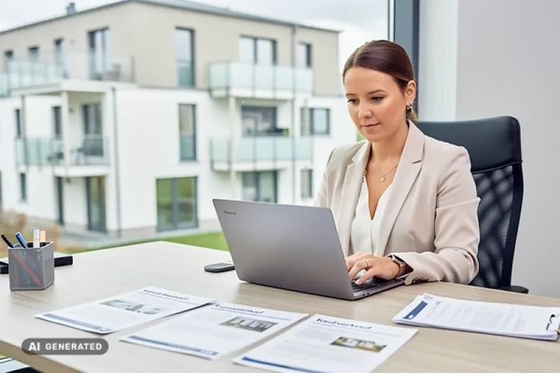 Immobilienmaklerin am Schreibtisch mit einem Laptop