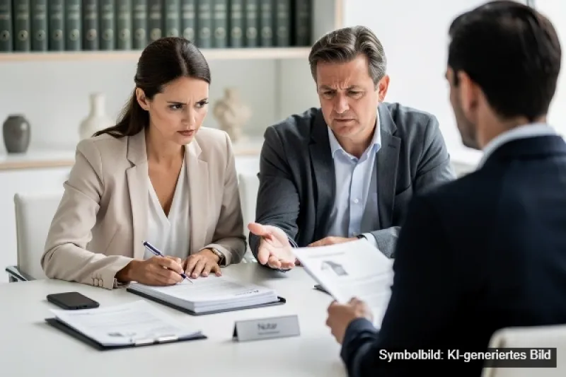 Junges Paar sitz am Schreibtische vor einen Notar und berät gemeinsame über Unterlagen