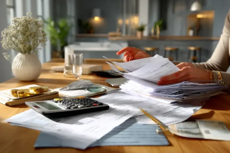 Schreibtisch mit Abrechnungsunterlagen und einem Taschenrechner