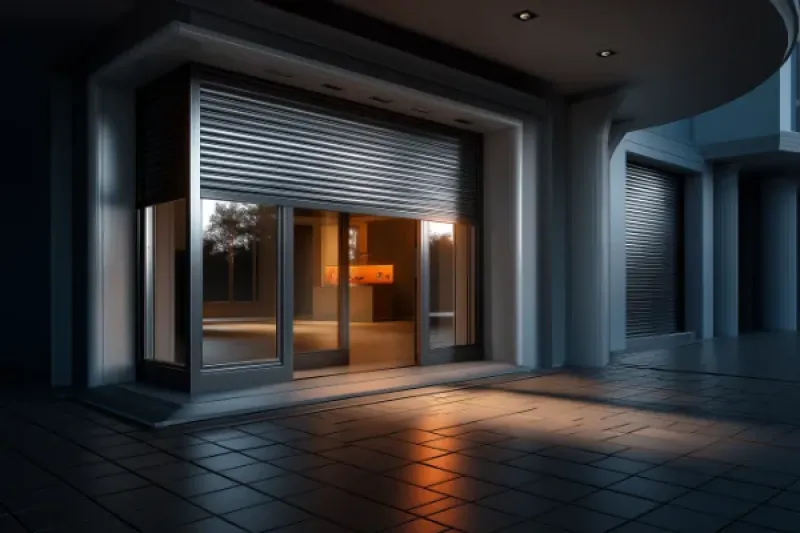 modernes apartment mit terasse und halb heruntergelassener Rollade