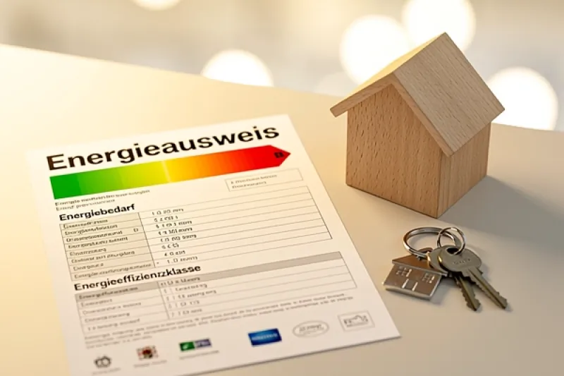 Energieausweis-Dokument, daneben ein kleines Holzhaus-Modell und ein Schlüsselbund