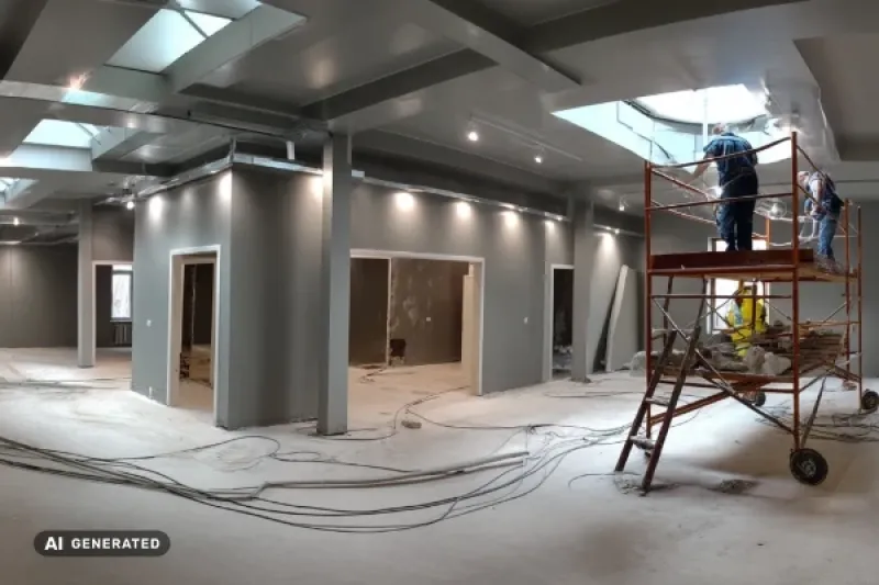 Arbeiter auf einem Gerüst renoviert Dachgeschosswohnung
