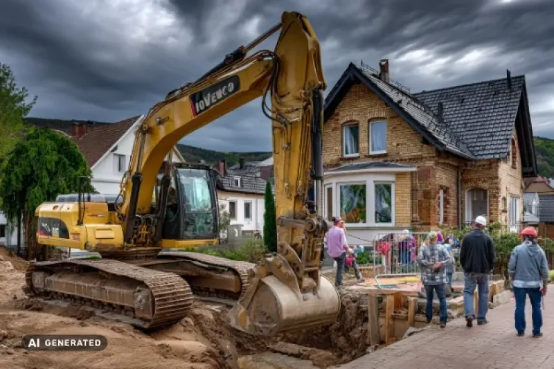 Bagger auf einer Baustelle vor einem Einfamilienhaus
