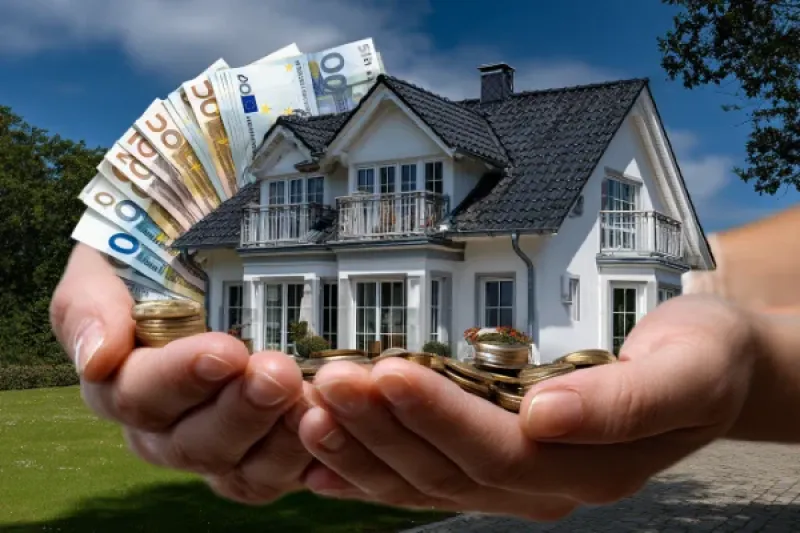 zwei Hände halten ein kleinen Modellhaus eingerahmt mit Geldscheinen