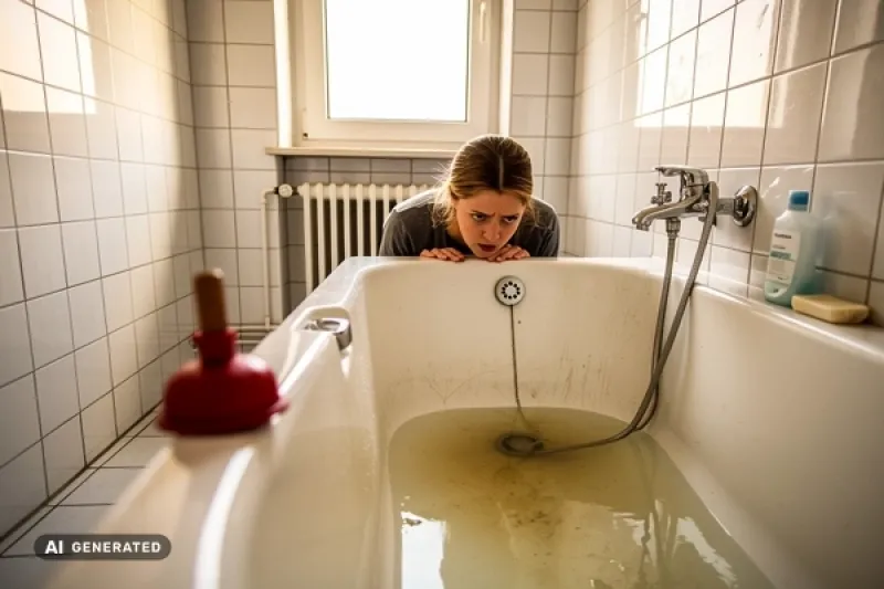 Mieterin kniet vor einer verstopften Badewanne