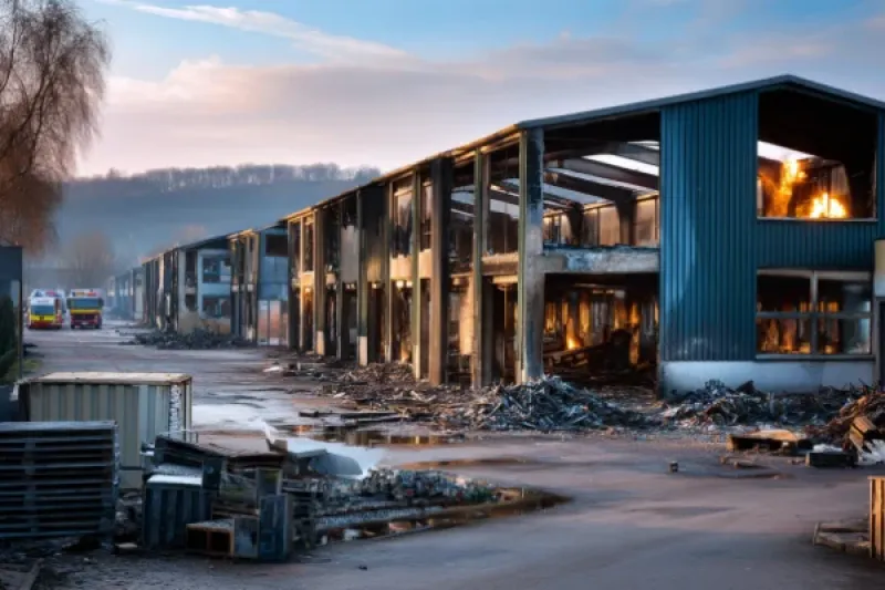 Lagerhallen nach einem Brand, große Teile sind durch Feuer zerstört