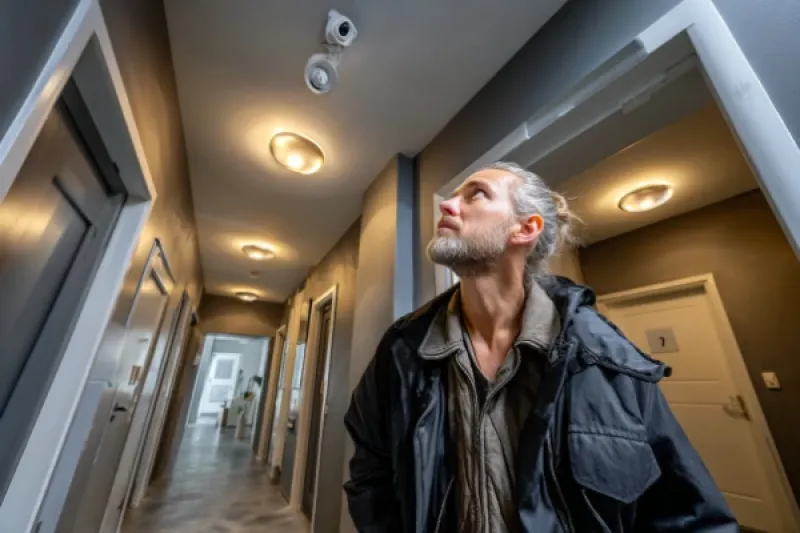 Junger Mann blickt vor seiner Wohnungstür an die Decke auf eine Kamera