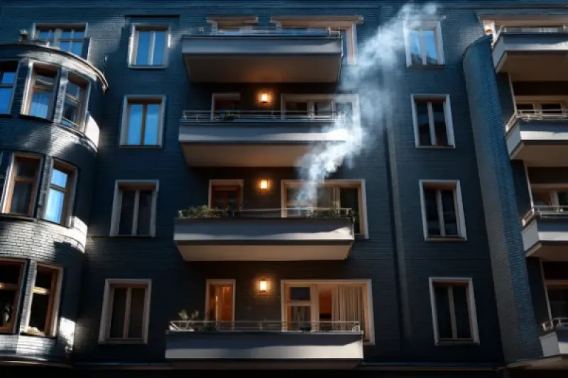 Fassade eines Mehrfamilienhauses, Rauch tritt aus einem Balkonfenster aus