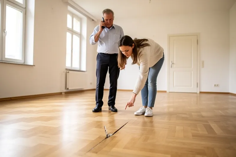 Mieterin zeigt ihrem Vermieter einen Schaden an einem Paketboden