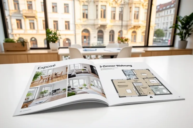 Ein Exposé liegt auf einem Tisch in einem Maklerbüro