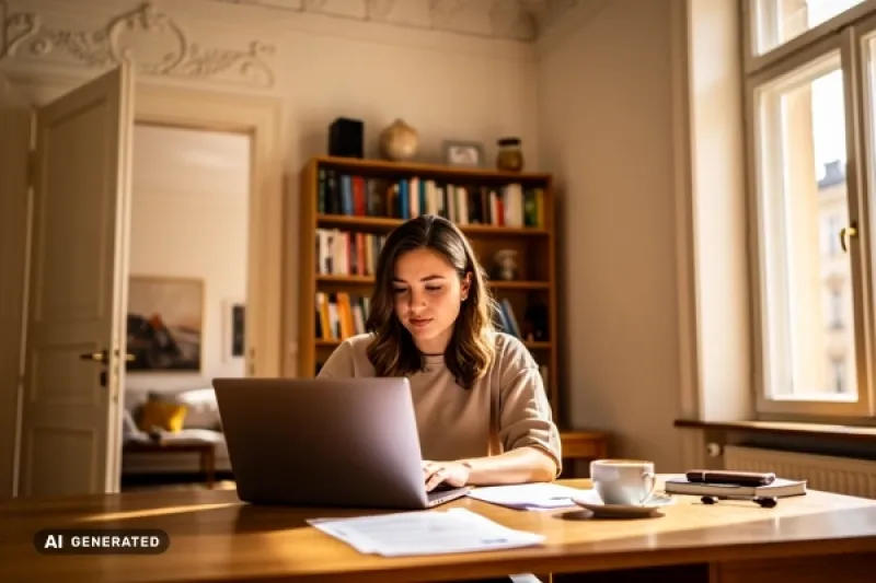 Junge Frau in ihrer Wohnung am Schreibtisch mit einem Laptop