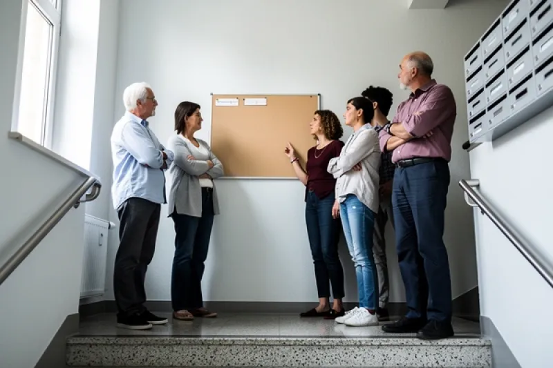 Hauseigentümer im Treppenhaus vor einem leeren Infoboard