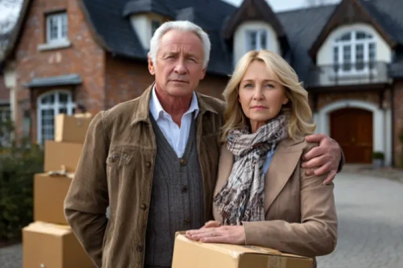 junges Paar sitzt auf dem Sofa in ihrer Wohnung, im Hintergrund sind Umzugskartons