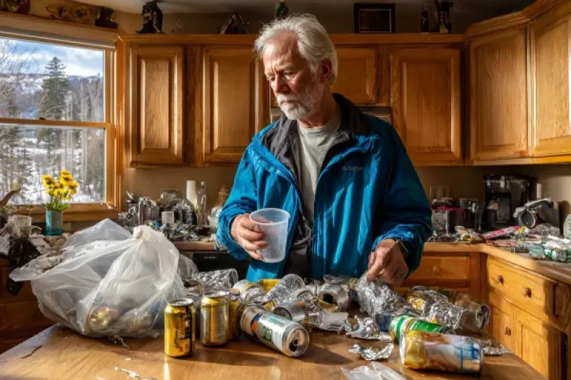 Alter Mann in einer vermüllten Küche