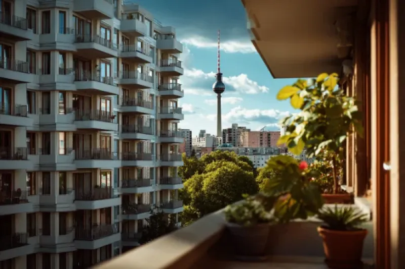 Apartmentkomplex in Berlin, der Fernsehturm im Hintergrund