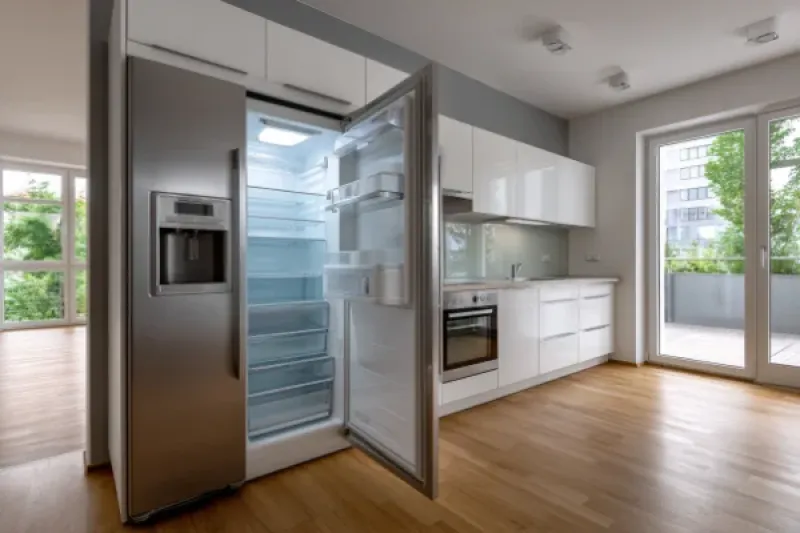 Einbauküche mit einem leeren Kühlschrank, dessen Tür aufsteht