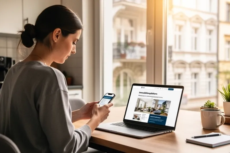 Ein junge Frau schaut sich ein Immobilienangebot auf ihren Mobilgeräten an