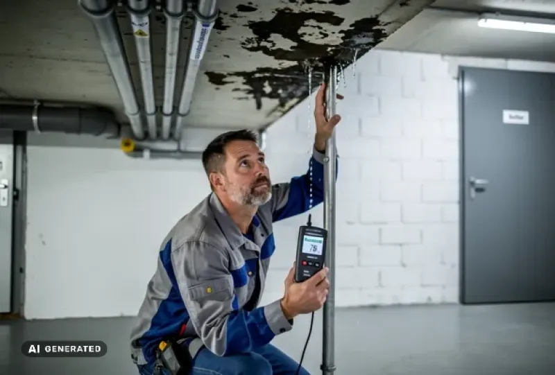 Handwerker überprüft einen Wasserschaden im Keller eines Wohnhauses